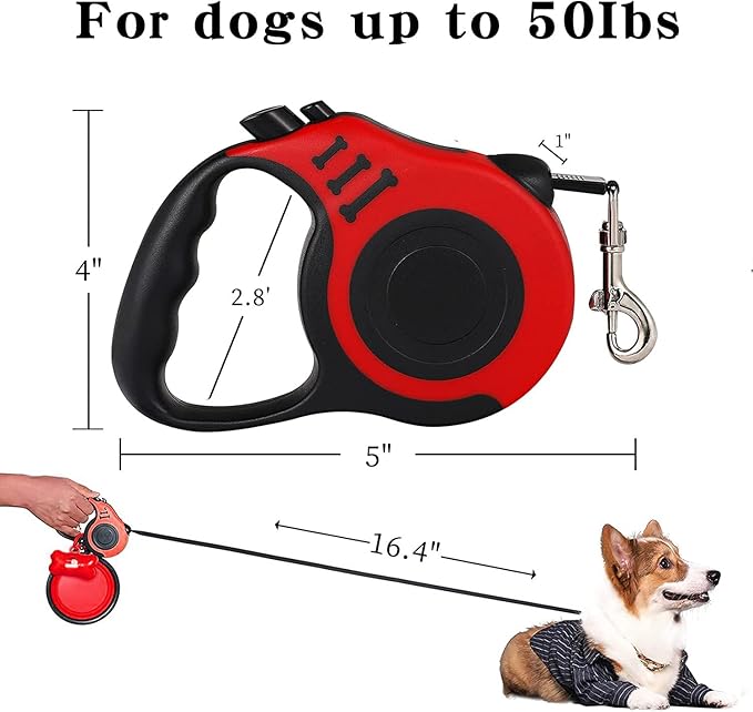 Retractable Heavy Duty Dog Leash - 16FT Red, Tangle-Free Nylon Tape, Anti-Slip Handle, with Waste Bag Dispenser for Small Dog or Cat up to 26 lbs