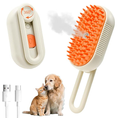 4 in 1 Cat Steam Brush for Shedding with Foldable Handle, Pet Hair Cleaning Brush Comb Anti-Static Pet Grooming Tool for Cats and Dogs Steam,Massage,Cleaning,Shedding & Combing (Brown)