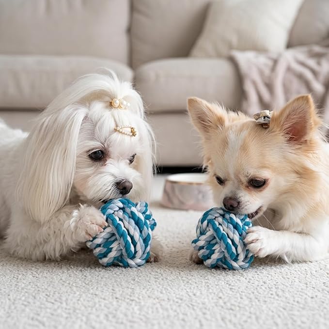 Durable Cotton Rope Dog Ball Toy, Hand-Woven Chew and Teeth-Cleaning for Puppies and Small to Medium Dogs, Interactive Play and Training (2-Red Set) (Red-to-White Color)