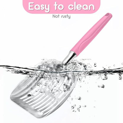 Cat Litter Scoop, Metal Cat Scooper, Plastic Handle Scoop, Sifting Shovel for Christmas – Heavy Duty Aluminum Alloy Litter Box Scoop with Deep Mesh, Design for Easy Waste Removal and Cleaning(Pink)