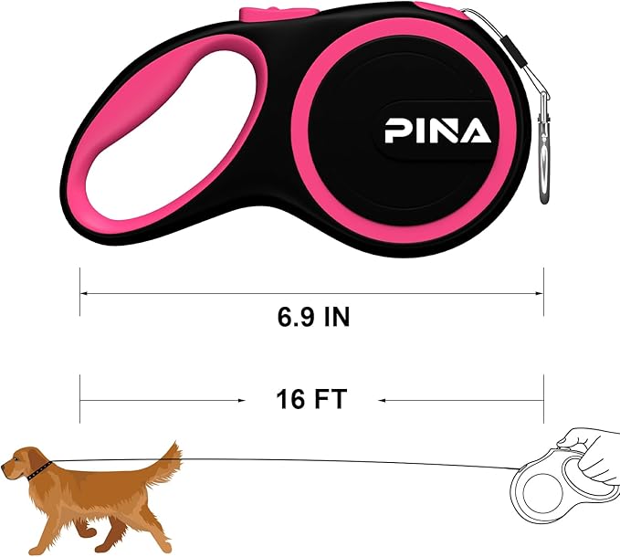 PINA Retractable Dog Leash, 16ft Dog Leash for Small Medium Dogs Up to 44lbs, 360° Tangle-Free Strong Reflective Nylon Tape, with Anti-Slip Handle, One-Handed Brake, Lock - Black Pink