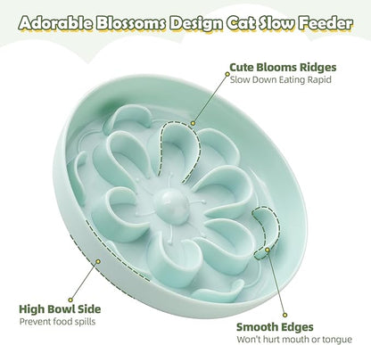 Slow Feeder Cat Food Bowl - Melamine Slow Eating Bowl for Dry & Wet Food - Cute Blossom Maze Cat Dish - Healthy Feeding, Whisker Friendly, Dishwasher Safe - 6.3''W x 1.1''H