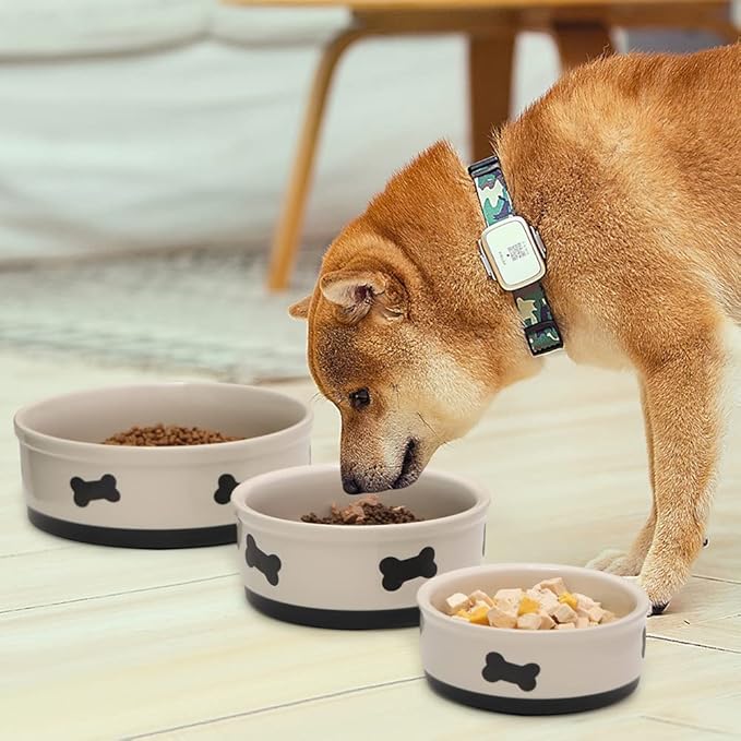 Sweejar Ceramic Dog Bowls with Bone Pattern, Dog Food Dish for Large Dogs, Porcelain Pet Bowl for Water 70 Fl Oz (Beige)