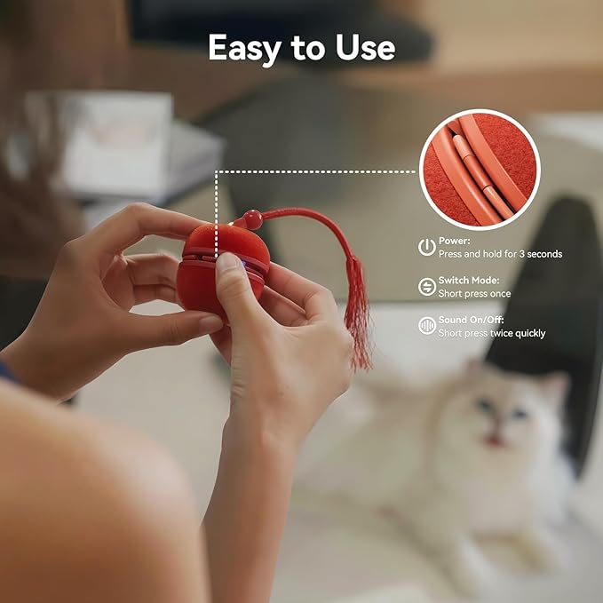 Cheerble 2 in 1 Interactive Cat Toys for Indoor Cats - Wicked Ball Duo2 Automatic Cat Toy, Dual Interchangeable Shells, Electric Moving Cat Ball with Tail & Chirping Sounds, Red