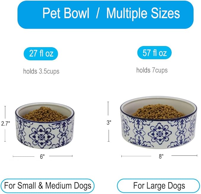 Ceramic 27 OZ Dog Bowls, Dog Food and Water Bowls Anti-Slip Dishes for Cats Small & Medium Sized Dogs Cats, Weighted Pet Bowls Vintage Blue and White,3.5 Cups