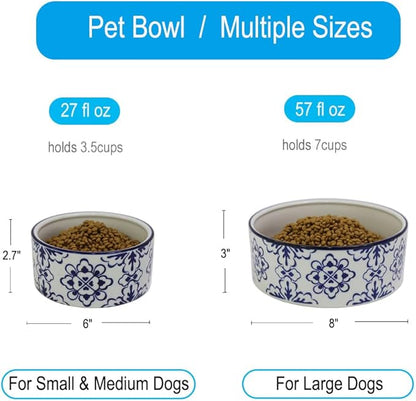 Ceramic 27 OZ Dog Bowls, Dog Food and Water Bowls Anti-Slip Dishes for Cats Small & Medium Sized Dogs Cats, Weighted Pet Bowls Vintage Blue and White,3.5 Cups