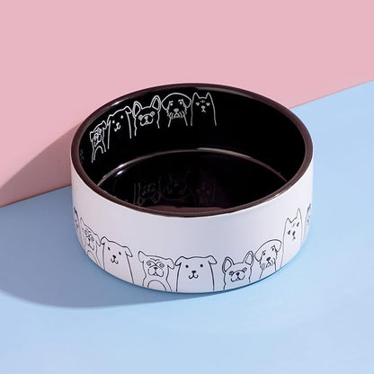 Fun Elements Ceramic Dog Bowls - Non-Slip, 16 Fl Oz Black Bowls with Adorable Dog Patterns (Small)