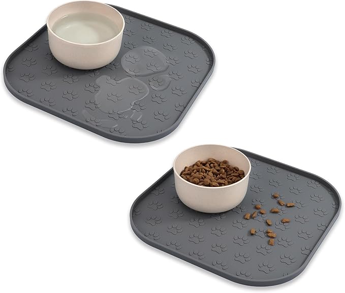 2 Pack Pet Feeding Mats, Waterproof Anti-Slip Placemats for Dog Cat Bowl Silicone Pet Food Mat, Raised Edge Prevent Spills on Floor & Carpet, Dishwasher Safe (2 Gray, 11" x 11")