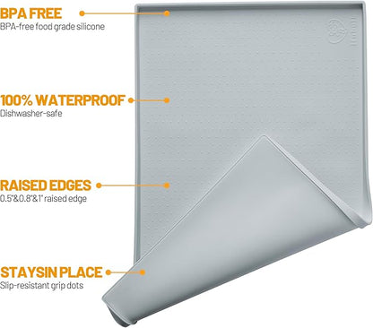Hubulk Dog Feeding Mat,100% Waterproof Food Grade Silicone Pet Food and Water Bowl Placemat,Dishwasher, High Raised Edge to Prevent Spills,Nonslip Tray to Stop Messes on Floor（28"x18"x0.8", Mist）