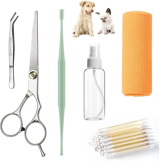 Dog Ear Cleaning Kit for Dogs and Cats, Pet Ear Care Grooming Tool Set with Pet-Safe Silicone Ear Cleaner, Tweezers, Scissors, Cotton Swabs and Cleaning Cloth