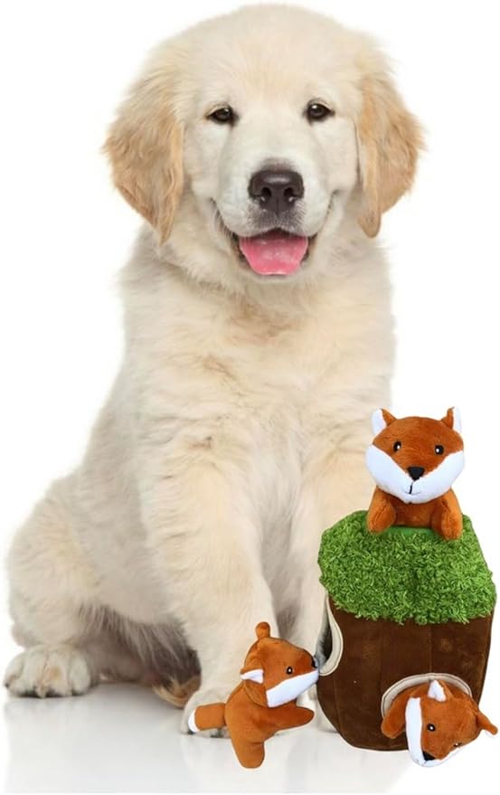 Glow Pups Hide and Seek Dog Toy, Plush Fox Inside Trunk, Squeaky Interactive Burrow Toy for Mental Stimulation, Durable & Engaging, Woodland Style, Small, 3 Animals