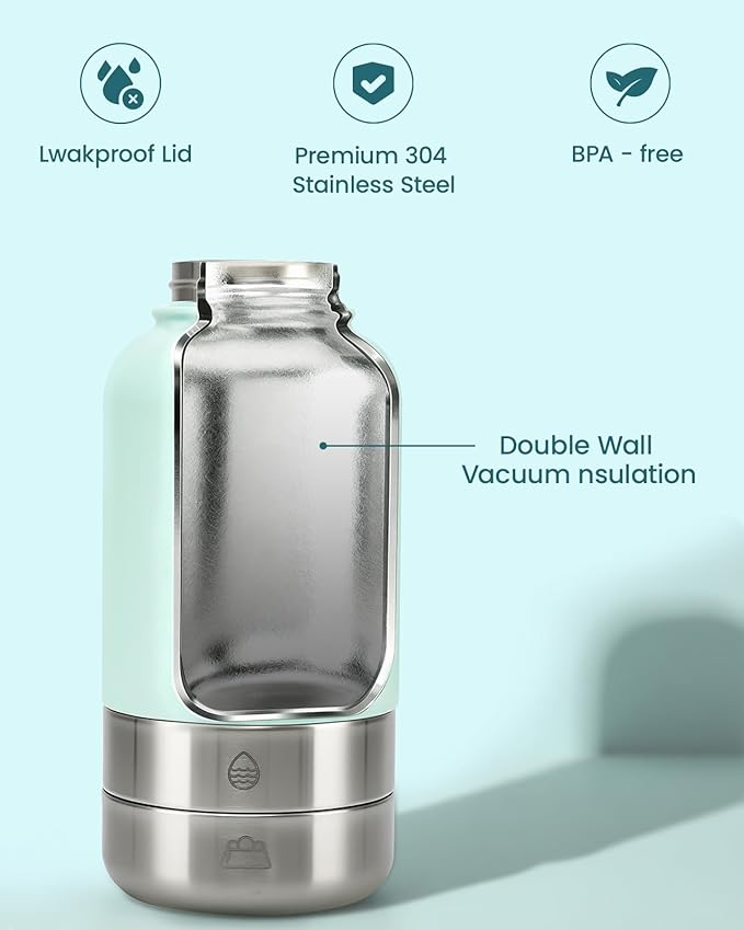34oz Dog Water Bottle, Stainless Steel Dog Water Bottle Dispenser with Detachable Food & Water Bowls, Keeps Water Hot/Cold, for Walking, Hiking, Camping(Pale Blue)