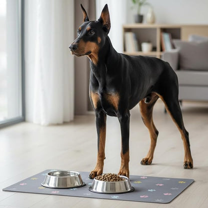 Cat Food Mat Absorbent Dog Mat for Food and Water Non Slip Quick Dry Dog Bowl Mats for Floors 24" X 16" Paw Dark Gray