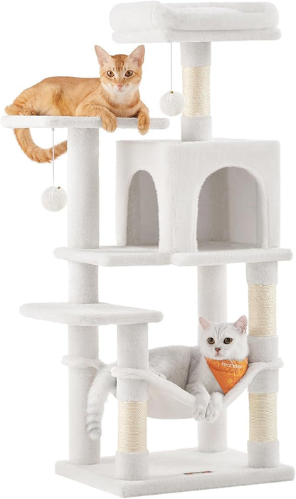 Feandrea Cat Tree, 44.1-Inch Cat Tower, Plush Multi-Level Condo with 4 Scratching Posts, 2 Perches, Hammock, Cave, Cream White UPCT261T01