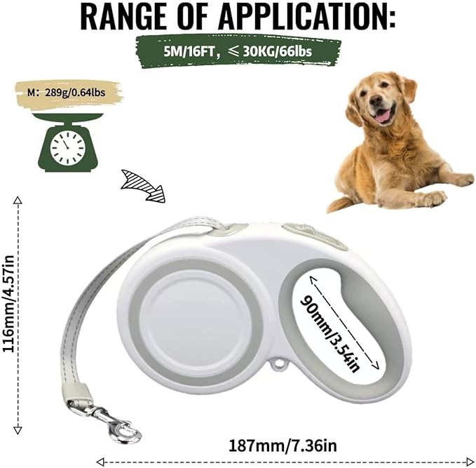 Retractable Dog Leash, 360° Tangle-Free Highly Reflective Nylon Tape, Non-Slip Rubberized Handle, 10-16FT Long Dog Leash for Dogs up to 66LBS,M-Gray