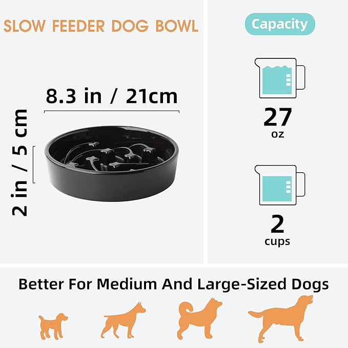 Ceramic Slow Feeder Dog Bowls Large Breed, 2 Cups Slow Eating Dog Bowl, Anti-Gulping Pet Food Bowl Reduce Choking, Heavy Puzzle Maze Design Pet Dishes for Fast Eaters, 8.3 inch - Black