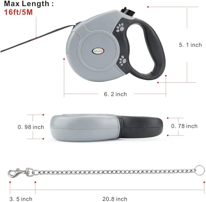 Idepet Heavy Duty Retractable Dog Leash for Small and Medium Dogs, Anti-Chewing Steel Chain 360 Degree Tangle-Free,Break and Lock System,16ft Leash for Dog Walking (Flat Rope)
