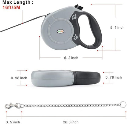 Idepet Heavy Duty Retractable Dog Leash for Small and Medium Dogs, Anti-Chewing Steel Chain 360 Degree Tangle-Free,Break and Lock System,16ft Leash for Dog Walking (Flat Rope)