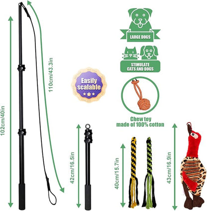 Upgraded Interactive Dog Toys - Extendable Flirt Pole Teaser Wand with Braided Rope Chewing Tugs and Squeaky Plush Chase Toy for Dog Puppy Outdoor Entertainment, Train and Exercise