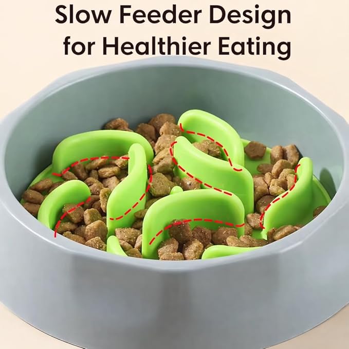 Oak & Tail Slow Feeder Dog Bowl with Removable Silicone Insert, 2-in-1 Pet Food Water Bowl, Anti-Gulping Design for Healthy Eating, Gray, Green