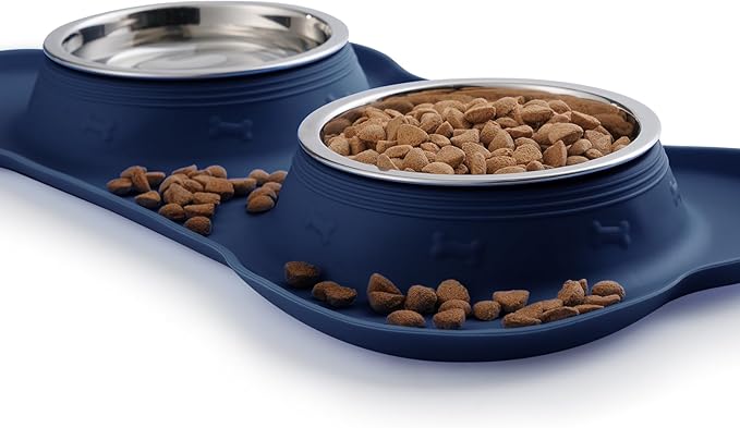 Hubulk Pet Dog Bowls 2 Stainless Steel Dog Bowl with No Spill Non-Skid Silicone Mat + Pet Food Scoop Water and Food Feeder Bowls for Feeding Small Medium Large Dogs Cats Puppies (Medium, Navy Blue)