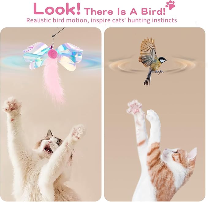 Pawaboo Feather Teaser Cat Toy, Interactive Feather Wand Cats Toy Flying Feathers Cat Catcher with Extra Long 34.5" Wand and Small Bell, Exerciser Playing Toys for Kitten or Cats, Pink Butterfly