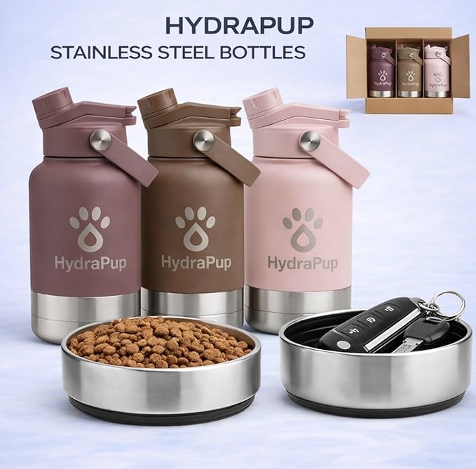 32oz Insulated Water Bottle with Dog Bowls – Human & Pet Shared Use, Stainless Steel Leakproof Travel Bottle (Rose Pink)