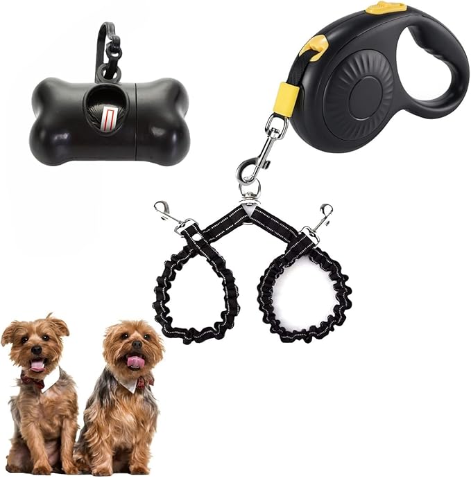 Double Dog Leash for Walking 2 Small Dogs (Up to 33 Lbs Each), Dual Retractable 9.8ft Extendable Strong Nylon Tape Pet Leash with Poop Bags, One-Handed Brake, Pause, Lock (Black)