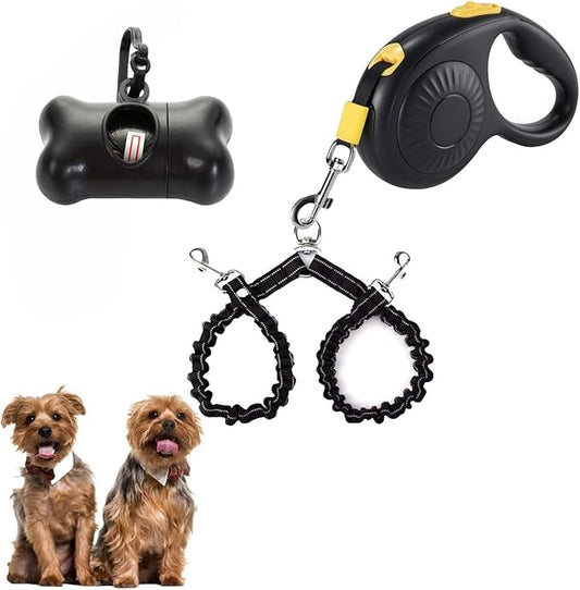 Double Dog Leash for Walking 2 Small Dogs (Up to 33 Lbs Each), Dual Retractable 9.8ft Extendable Strong Nylon Tape Pet Leash with Poop Bags, One-Handed Brake, Pause, Lock (Black)