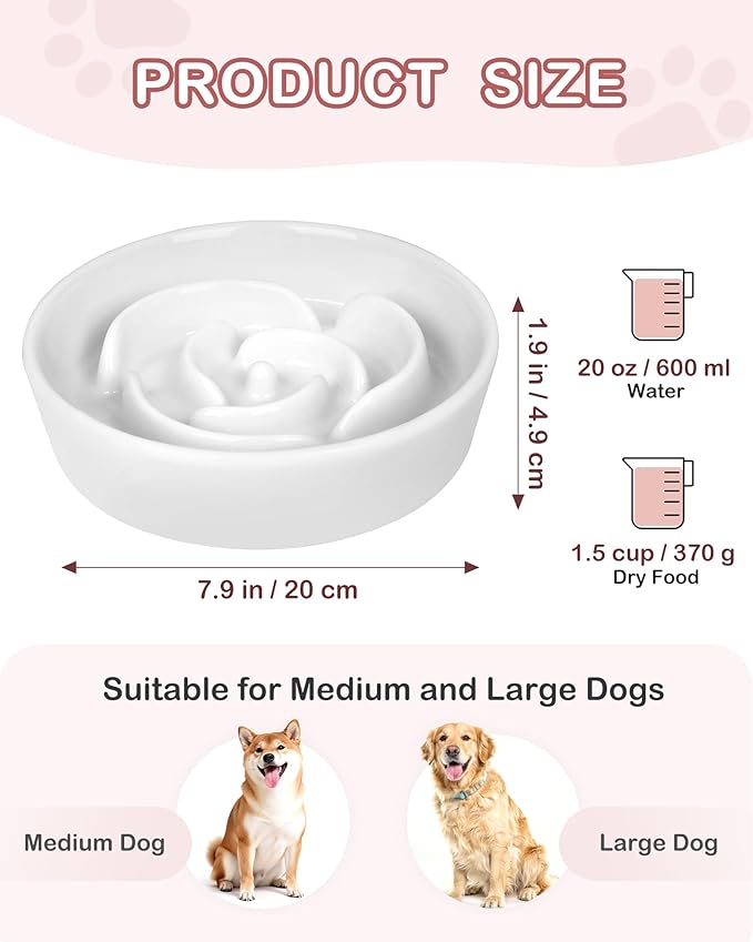 TRUVIC Ceramic Slow Feeder Dog Bowls, 1.5 Cup Puzzle Slow Feeder Bowls for Fast Eaters, Ceramic Dog Food Dish no Black Chin, Puzzle Bowl for Medium Dogs, White