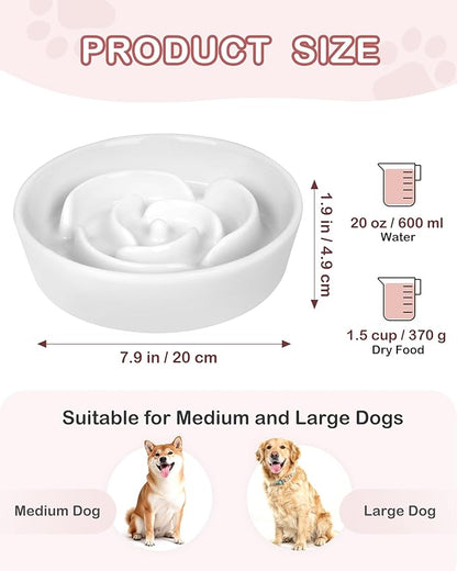 TRUVIC Ceramic Slow Feeder Dog Bowls, 1.5 Cup Puzzle Slow Feeder Bowls for Fast Eaters, Ceramic Dog Food Dish no Black Chin, Puzzle Bowl for Medium Dogs, White