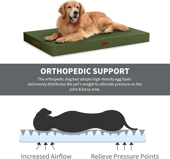 Outdoor Dog Bed for Small Dogs & Cats, Waterproof Dog Crate Mat Orthopedic Egg Crate Foam with Washable Removable Oxford Cover, Amy Green