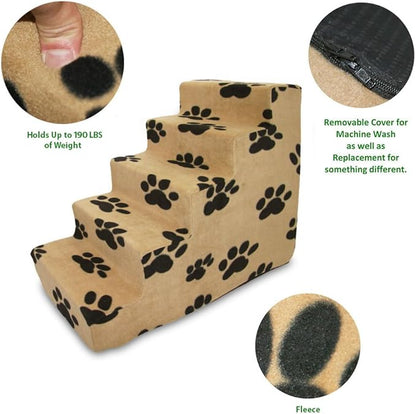 Best Pet Supplies Dog Stairs & Steps - Foam Steps for Small Dogs & Cats, Non-Slip Indoor Balanced Pet Step Support, Dog Ramp, No Assembly, Paw Print on Beige, 5-Step (22.5-inch Height)