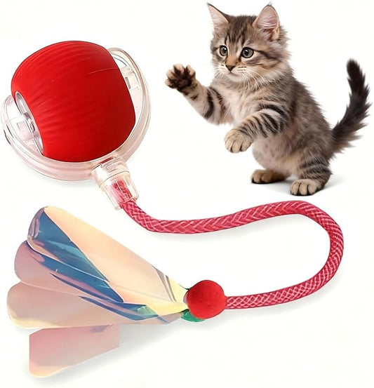 JBD Interactive Cat Toy Ball for Indoor Cats - Silent Automatic Rolling & Self Moving Electric Kitten Toys, USB Rechargeable Smart Ball with Tail, Motion Activated Hunting Exercise for Bored Cats Red