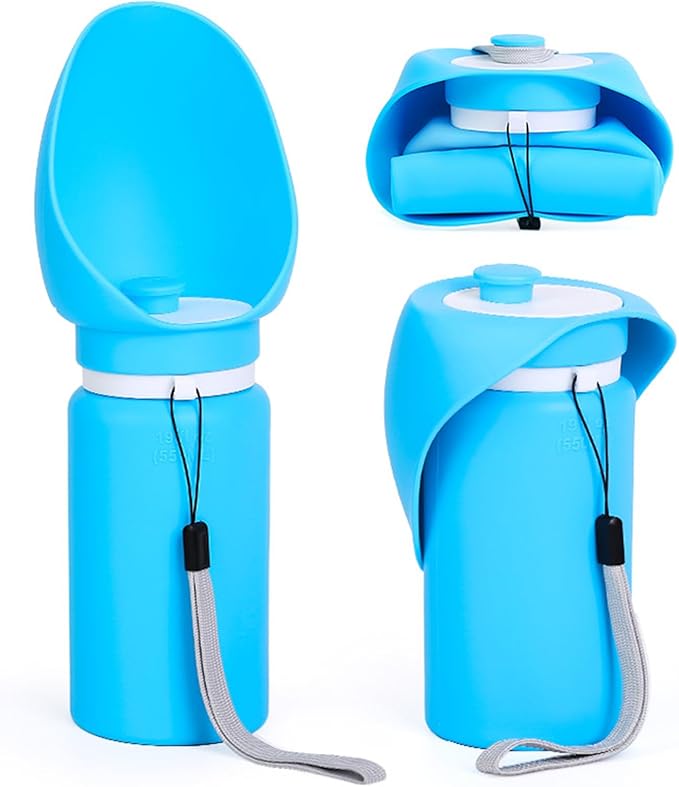 Jalopink Portable Dog Water Bottle, 2-in-1 Leak Proof & Collapsible Silicone Pet Dispenser with Built-in Bowl, Food Grade Travel Cup for Walking, Hiking (19oz/550ml, Blue)