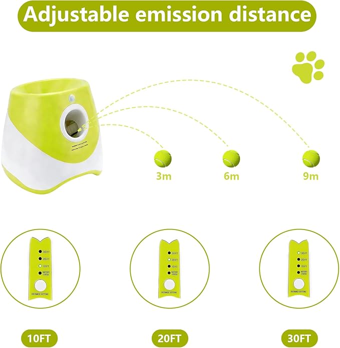 Automatic Dog Ball Launcher for Small to Medium Dogs - Hands-Free Interactive Fetch Toy, 3 Adjustable 10-30Ft Distance, 9 Pcs 2 Inch Eco-Friendly Dog-Safe Mini Tennis Balls. (Green)