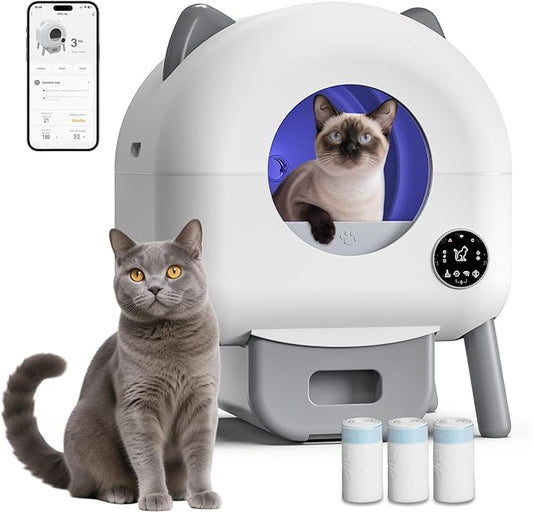 HIMIX Self-Cleaning Litter Box, Automatic Cat Litter Box Robot with APP Control and Safety Protection for Multiple Cats, 105L Extra Large Smart Litter Boxes with 3 Roll Trash Bags