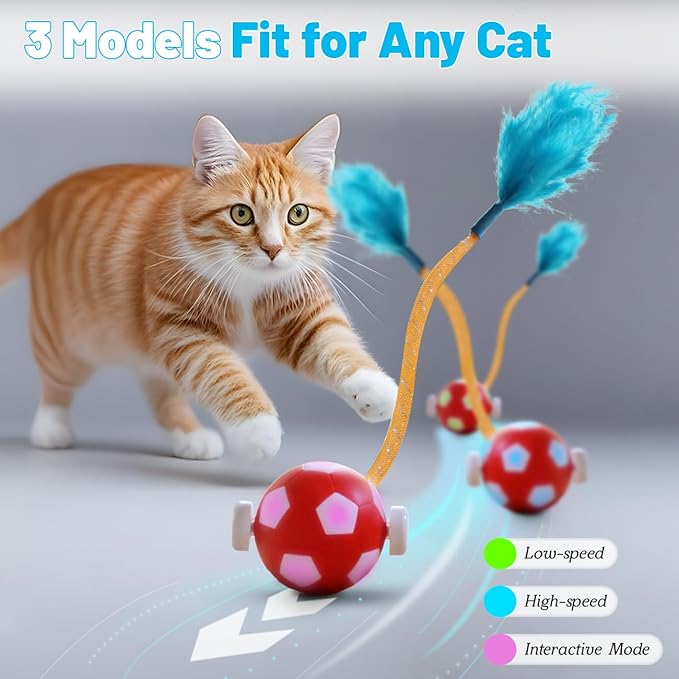 Interactive Cat Toys with Feather Snappy Tail for Bored Indoor Adults Cats, Safe Rolling Toys Ball with 3 Models, Automatic Cats Toy for Any Floor, Electric Moving Cat Enrichment Toy