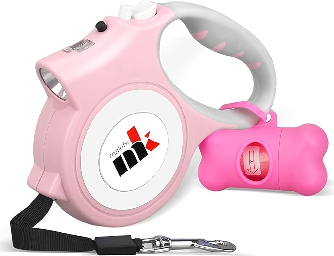 Retractable Dog Leash with LED Light Makife 5m Extendable Dog Lead for Small Medium Puppis up to 25kgs, One-Hand Brake & Lock System, Ergonomic Handle - Light Pink