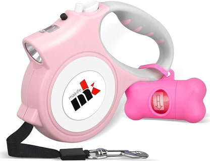 Retractable Dog Leash with LED Light Makife 5m Extendable Dog Lead for Small Medium Puppis up to 25kgs, One-Hand Brake & Lock System, Ergonomic Handle - Light Pink