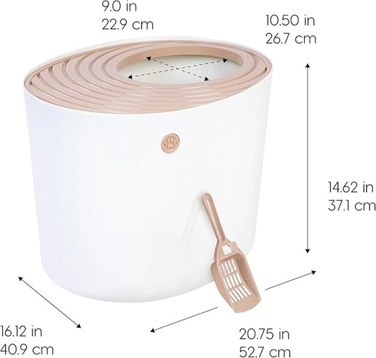 IRIS USA Large Top Entry Cat Litter Box Made in USA, Covered Enclosed Design with Lid, Litter Catching Grooved Top, Scatter Shield, Dog Proof, Scoop Included, Odor Control, Beige/White