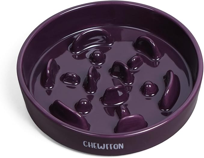 CHEWFFON Ceramic Slow Feeder Dog Bowls, 2 Cups Puzzle Dog Food Bowl for Fast Eaters, Nonslip Stop Bloat Slow Feeder for Small and Medium Breed, Dishwasher Safe, Dark Purple