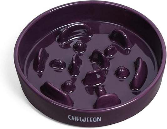 CHEWFFON Ceramic Slow Feeder Dog Bowls, 2 Cups Puzzle Dog Food Bowl for Fast Eaters, Nonslip Stop Bloat Slow Feeder for Small and Medium Breed, Dishwasher Safe, Dark Purple