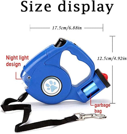 JEBBLAS Upgraded Dog Retractable Leashes with Flashlight and Waste Bag Dispenser, 3 in 1 Automatic Dog Walking Leash with Anti-Slip Handle, Blue, 15ft