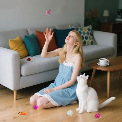 Andiker 6Pcs Cat Toy Pack, Cats Toy Set with Crinkle Balls, Pet Bell Balls, Pet Mouse Toy and Rattan Ball Stimulate Cats Hunting and Chasing Instincts Interactive Kitten Toys for Indoor Cat (Pink)
