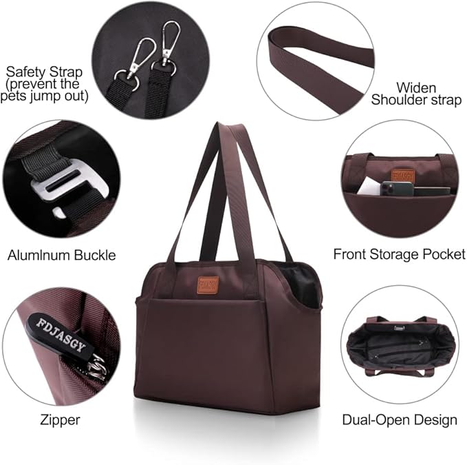 FDJASGY Dog Purse Carrier with Pocket and Safety Tether,Soft-Sided Small Dog Carrier for Small Medium Pet Outdoor Shopping Tote Bag Coffee
