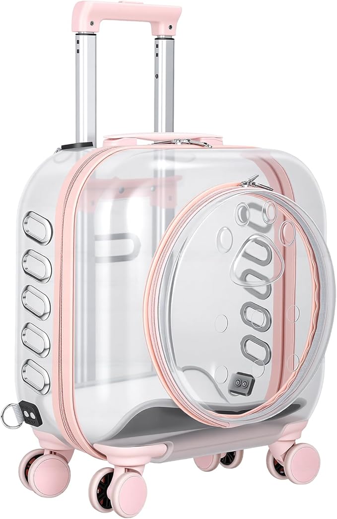 Pet Carrier with Wheels for Cats and Dogs, Clear Hard-Shell Rolling Pet Carrier with Retractable Handle, Airline-Approved Travel Carrier, Portable Cat and Dog Stroller (Pink)