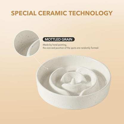 Ceramic 1.2 Cup Dog Bowl Slow Feeder for Medium and Small Dog, 7.3inch Pet Slow Dish, Stop Bloat, Preventing Choking(Single Bowl, Vanilla White)