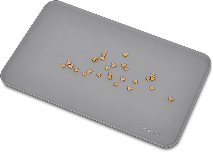 Amazon Basics Waterproof Non-Slip Silicone Pet Feeding Mat with Raised Edges, Prevents Spills, Easy to Clean, Protects Floors for Cat & Dog Food and Water Bowls, 18.5 x 11.5 Inches, Gray, 2-Pack