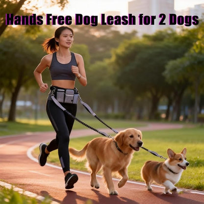 Hands Free Dog Leash for 2 Dogs, Adjustable Waist Belt, Reflective Stitching Leash with Double Padded Handles for Running, Hiking
